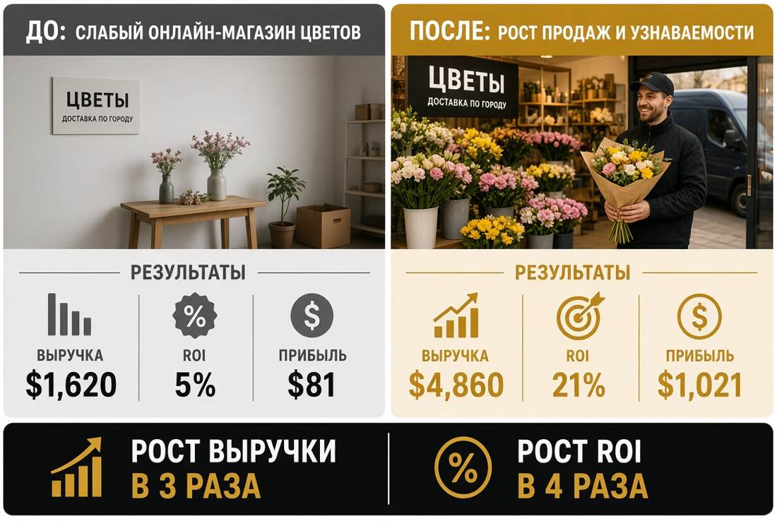 До и после: выручка доставки цветов выросла с 1620 до 4860 долларов