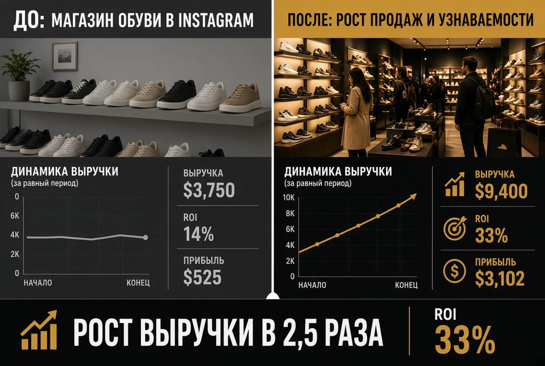 До и после: выручка магазина обуви в Instagram выросла с 3750 до 9400 долларов