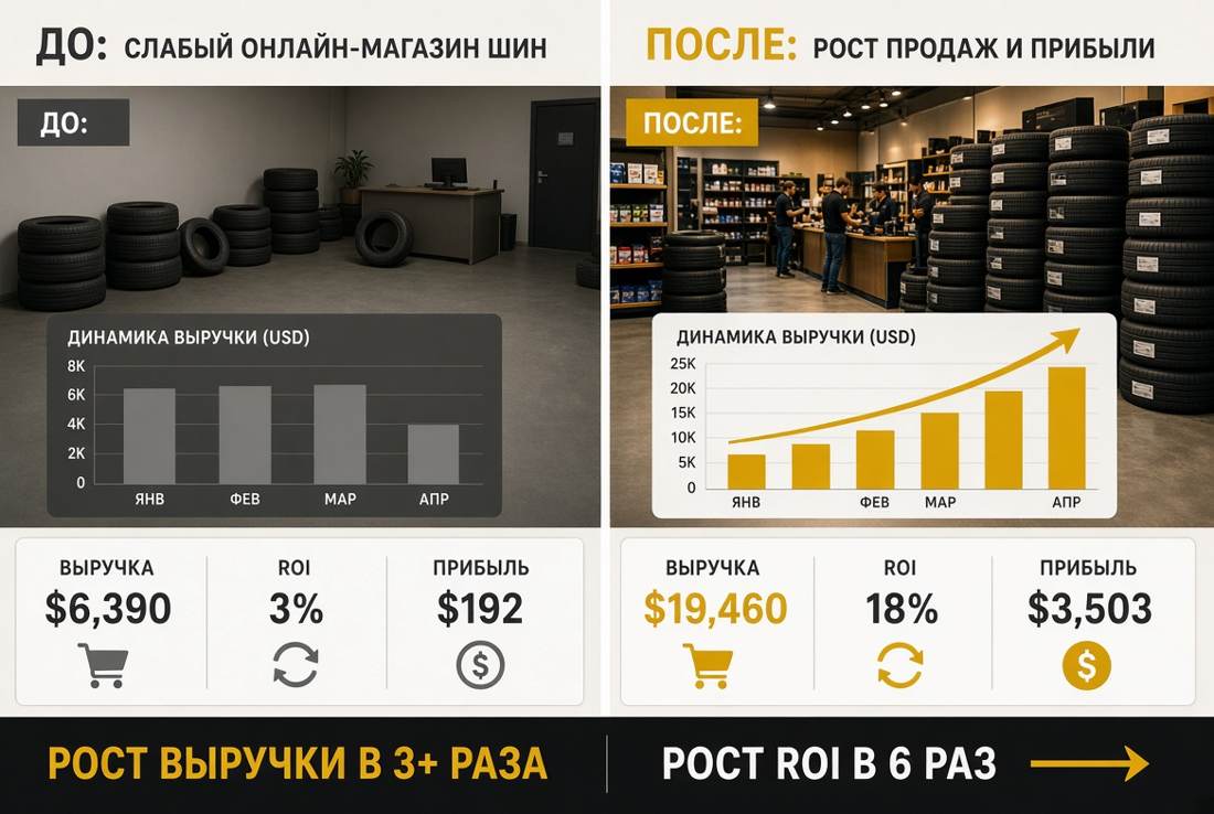 До и после: выручка интернет-магазина шин выросла с 6390 до 19460 долларов